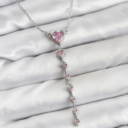 Mey İthalat® 316L Çelik Zincir Gümüş Renk Pembe Kalp Kadın Kolye
