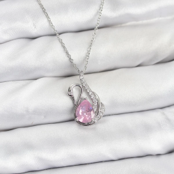 Mey İthalat® 316L Çelik Zincir Gümüş Renk Pembe Kuğu Model Zirkon Taşlı Kadın Kolye