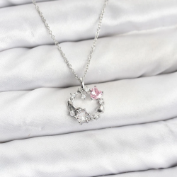 Mey İthalat® 316L Çelik Zincir Gümüş Renk Pembe Taş Detaylı Çelenk Model Kadın Kolye