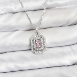 Mey İthalat® 316L Çelik Zincir Gümüş Renk Plaka Model Zirkon Taşlı Kadın Kolye