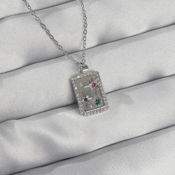 Mey İthalat® 316L Çelik Zincir Gümüş Renk Renkli Zirkon Taşlı Vintage Kolye