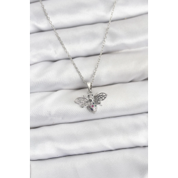 Mey İthalat® 316L Çelik Zincir Gümüş Renk Sinek Model Zirkon Taşlı Kadın Kolye