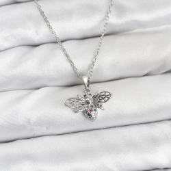 Mey İthalat® 316L Çelik Zincir Gümüş Renk Sinek Model Zirkon Taşlı Kadın Kolye