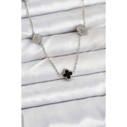 Mey İthalat® 316L Çelik Zincir Gümüş Renk Siyah ve Zirkon Taşlı Baby Boy Yonca Kadın Kolye