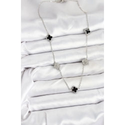 Mey İthalat® 316L Çelik Zincir Gümüş Renk Siyah ve Zirkon Taşlı Baby Boy Yonca Kadın Kolye