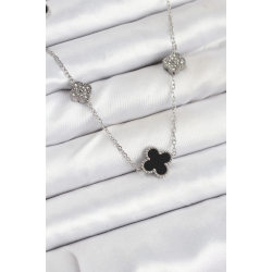 Mey İthalat® 316L Çelik Zincir Gümüş Renk Siyah ve Zirkon Taşlı Yonca Kadın Kolye