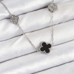 Mey İthalat® 316L Çelik Zincir Gümüş Renk Siyah ve Zirkon Taşlı Yonca Kadın Kolye