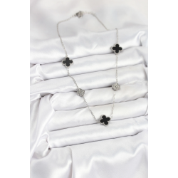 Mey İthalat® 316L Çelik Zincir Gümüş Renk Siyah ve Zirkon Taşlı Yonca Kadın Kolye