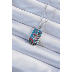 Mey İthalat® 316L Çelik Zincir Gümüş Renk Taç ve Kız Figürlü Renkli Mineli Tarot Kolye