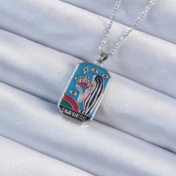 Mey İthalat® 316L Çelik Zincir Gümüş Renk Taç ve Kız Figürlü Renkli Mineli Tarot Kolye