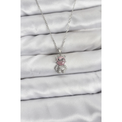 Mey İthalat® 316L Çelik Zincir Gümüş Renk Teddy Bear Model Zirkon Taşlı Kadın Kolye