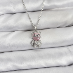 Mey İthalat® 316L Çelik Zincir Gümüş Renk Teddy Bear Model Zirkon Taşlı Kadın Kolye