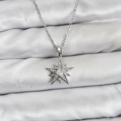 Mey İthalat® 316L Çelik Zincir Gümüş Renk Yıldız Model Zirkon Taşlı Kadın Kolye