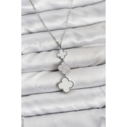 Mey İthalat® 316L Çelik Zincir Gümüş Renk Yonca Detaylı Zirkon Taşlı Kadın Kolye