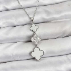 Mey İthalat® 316L Çelik Zincir Gümüş Renk Yonca Detaylı Zirkon Taşlı Kadın Kolye