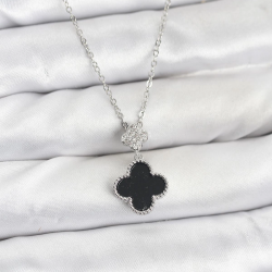 Mey İthalat® 316L Çelik Zincir Gümüş Renk Yonca Model Zirkon Taşlı Kadın Kolye