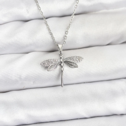 Mey İthalat® 316L Çelik Zincir Gümüş Renk Yusufçuk Model Zirkon Taşlı Kadın Kolye