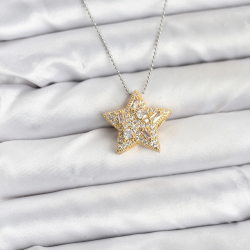 Mey İthalat® 316L Çelik Zincir Gümüş Renk Zincirli Gold Yıldız Model Kadın Kolye
