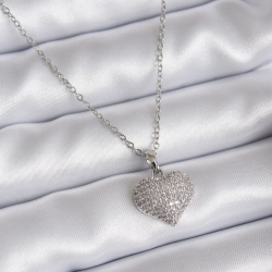Mey İthalat® 316L Çelik Zincir Gümüş Renk Zirkon Taş Detay Kalp Model Kadın Kolye
