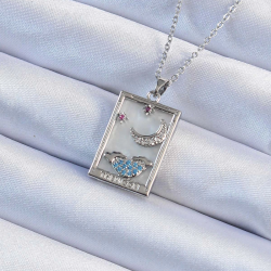 Mey İthalat® 316L Çelik Zincir Gümüş Renk Zirkon Taşlı Ay Figürlü Tarot Kolye