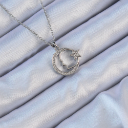 Mey İthalat® 316L Çelik Zincir Gümüş Renk Zirkon Taşlı Ay Yıldız Simgeli Atatürk Kolye