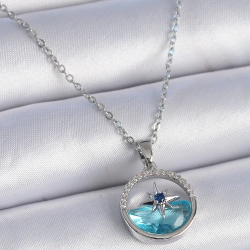 Mey İthalat® 316L Çelik Zincir Gümüş Renk Zirkon Taşlı Deniz Görünüm Kutup Yıldızı Kolye