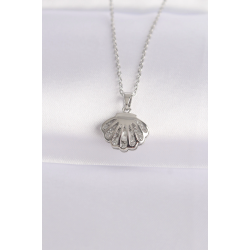 Mey İthalat® 316L Çelik Zincir Gümüş Renk Zirkon Taşlı İnci Detay İstiridye Kolye