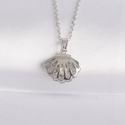 Mey İthalat® 316L Çelik Zincir Gümüş Renk Zirkon Taşlı İnci Detay İstiridye Kolye