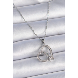 Mey İthalat® 316L Çelik Zincir Gümüş Renk Zirkon Taşlı Kalp Model Melek Detay Kadın Kolye