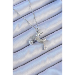 Mey İthalat® 316L Çelik Zincir Gümüş Renk Zirkon Taşlı Kelebekli Mineli Ay Kolye