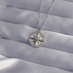 Mey İthalat® 316L Çelik Zincir Gümüş Renk Zirkon Taşlı Kutup Yıldızı Kolye