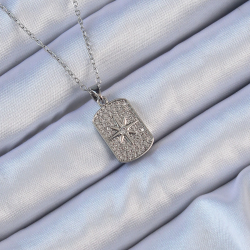 Mey İthalat® 316L Çelik Zincir Gümüş Renk Zirkon Taşlı Kutup Yıldızlı Vintage Kolye