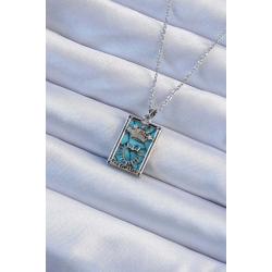 Mey İthalat® 316L Çelik Zincir Gümüş Renk Zirkon Taşlı Mavi Mermer Desenli Taç Model Tarot Kolye