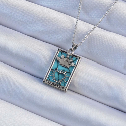 Mey İthalat® 316L Çelik Zincir Gümüş Renk Zirkon Taşlı Mavi Mermer Desenli Taç Model Tarot Kolye