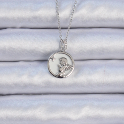 Mey İthalat® 316L Çelik Zincir Gümüş Renk Zirkon Taşlı Mineli Melek Kolye