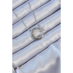 Mey İthalat® 316L Çelik Zincir Gümüş Renk Zirkon Taşlı Motifli Ay Yıldız Kolye