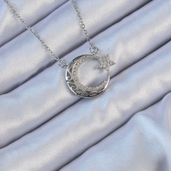 Mey İthalat® 316L Çelik Zincir Gümüş Renk Zirkon Taşlı Motifli Ay Yıldız Kolye