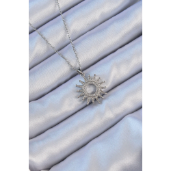 Mey İthalat® 316L Çelik Zincir Gümüş Renk Zirkon Taşlı Parlayan Güneş Kolye