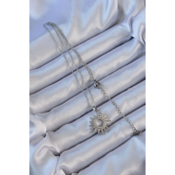 Mey İthalat® 316L Çelik Zincir Gümüş Renk Zirkon Taşlı Parlayan Güneş Kolye