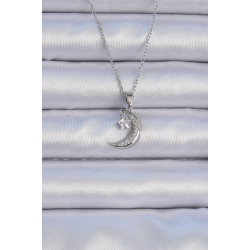 Mey İthalat® 316L Çelik Zincir Gümüş Renk Zirkon Taşlı Sallantılı Ay Yıldız Kolye