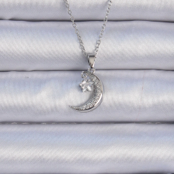 Mey İthalat® 316L Çelik Zincir Gümüş Renk Zirkon Taşlı Sallantılı Ay Yıldız Kolye