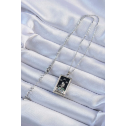 Mey İthalat® 316L Çelik Zincir Gümüş Renk Zirkon Taşlı Siyah Mineli Kız Figürlü Tarot Kolye