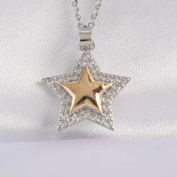 Mey İthalat® 316L Çelik Zincir Gümüş Renk Zirkon Taşlı Tasarım Altın Renk Yıldız Kolye