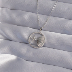 Mey İthalat® 316L Çelik Zincir Gümüş Renk Zirkon Taşlı Yıldız Figürlü Oval Kolye