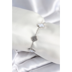 Mey İthalat® 316L Çelik Zincir Gümüş Renk Zirkon Taşlı Yonca Beyaz Kadın Bileklik