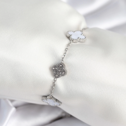 Mey İthalat® 316L Çelik Zincir Gümüş Renk Zirkon Taşlı Yonca Beyaz Kadın Bileklik