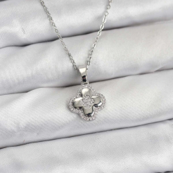 Mey İthalat® 316L Çelik Zincir Gümüş Renk Zirkon Taşlı Yonca Model Kadın Kolye