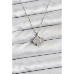 Mey İthalat® 316L Çelik Zincir Gümüş Renk Zirkon Taşlı Yonca Model Kadın Kolye