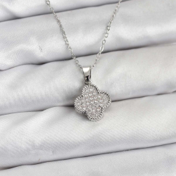 Mey İthalat® 316L Çelik Zincir Gümüş Renk Zirkon Taşlı Yonca Model Kadın Kolye