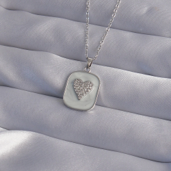 Mey İthalat® 316L Çelik Zincir Mermer Desenli Gümüş Renk Zirkon Taşlı Kalp Model Kolye
